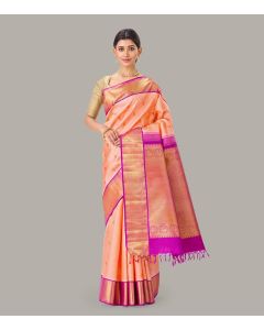 Light Peach Handloom Kanchipuram Korvai Silk Saree With Zari Buttas